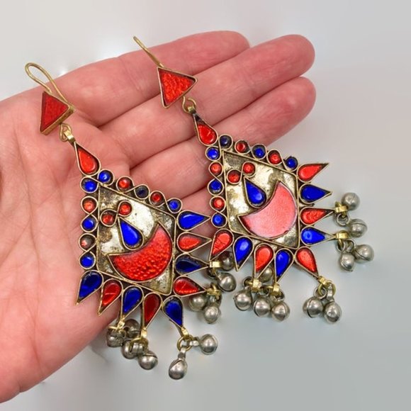 Red Earrings, Cobalt Blue, Massive, Boho, Vintage, Middle Eastern, Jewel - Picture 2 of 3